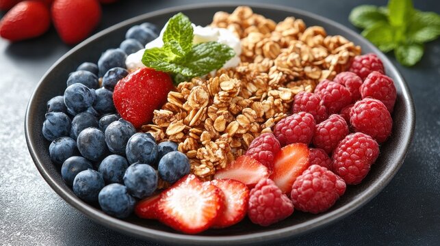 A plate of fruit with blueberries, strawberries, and raspberries. The plate is black and the fruit is colorful