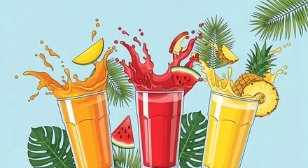 Vibrant Fruit Juices Splashing with Tropical Fruits and Leaves.