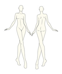 Ladies fashion figures illustration front and back view design technical flat sketch vector mockup template.