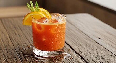 Refreshing Orange Cocktail with Ice and Garnish on Rustic Wooden Table.