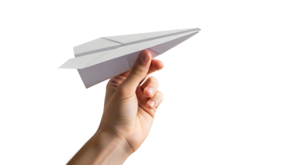 A Hand Holding a Paper Airplane Ready for Flight Against a White Background