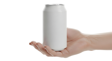 Hand holding a plain white soda can with a blank label on a white background