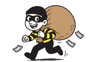 A simple vector depiction of a thief wearing black and yellow striped clothing while carrying a large, overflowing money sack, created with clean outlines and a fun, light cartoon aesthetic.