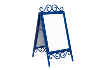 Elegant blue metal A-frame sign with blank white display for custom messaging and outdoor advertising