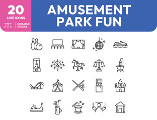 Amusement Park Fun Line Icons of Rides Games and Attractions