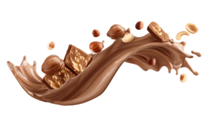 M A 6 Ultra-Realistic Chocolate Hazelnut Cream Splash Thick Glossy on Transparent Background