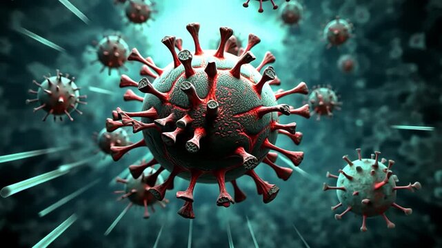 virus particles in a dynamic environment, showcasing intricate details and textures, with a focus on the structure and appearance of the pathogens in a scientific context