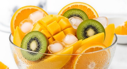 Fresh Tropical Fruit Salad in a Glass Bowl with Ice Cubes.