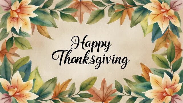 A beautiful watercolor border of autumn leaves and flowers frames the heartwarming message Happy Thanksgiving displayed in elegant calligraphy on a textured parchment background