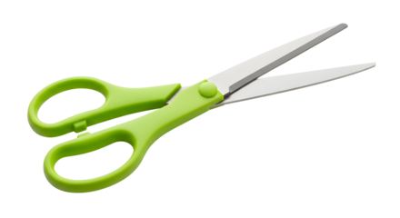 A pair of open green handled scissors with shiny blades against a white background