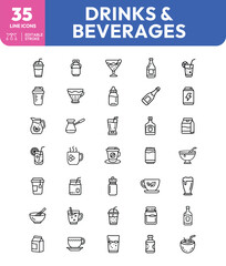 Diverse drink icons coffee cocktails milk juice and more in simple line art