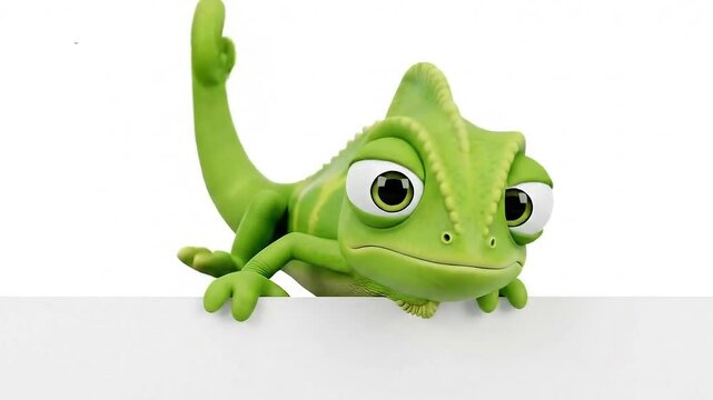 A cute and curious green chameleon cartoon character peeking over a blank white sign, isolated on a white background