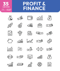 Financial Icons Set Money Bags Growth Charts and Currency Exchange