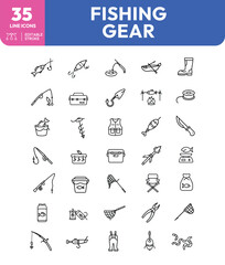 Fishing Gear Icons Rods Lures Boat and More in Outline Style