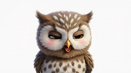 A charming and fluffy owlet character with a playful, sleepy expression and rosy cheeks, isolated on a clean white background