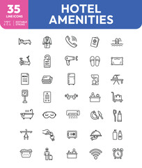 Hotel Amenities Line Icons of Bed Bathrobe Phone Passport Pool and More
