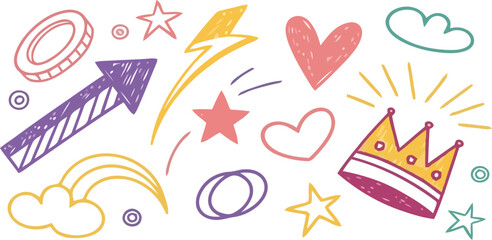 Obraz premium Fun Hand-Drawn Doodle Elements Arrows, Hearts, Stars, Clouds, and a Crown for Creative Projects