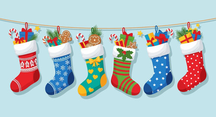 Festive Christmas stockings filled with gifts, candy, and treats, hanging on a string for holiday cheer