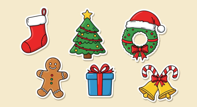 Christmas Holiday Season Icons Stocking, Tree, Wreath, Gingerbread Man, Gift Box, and Candy Canes