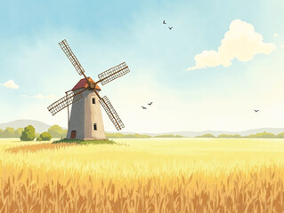 Idyllic watercolor painting of a traditional windmill standing in a golden wheat field. Rural farm landscape illustration with blue sky and birds.