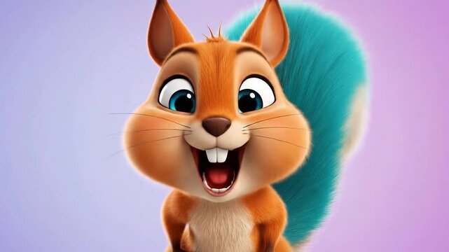 A cute and happy cartoon squirrel with a big bushy blue tail and an excited expression. This is a 3D style illustration of an adorable forest animal character