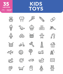 Line Icon Set of Assorted Toys for Children Including a Teddy Bear and a Rocket