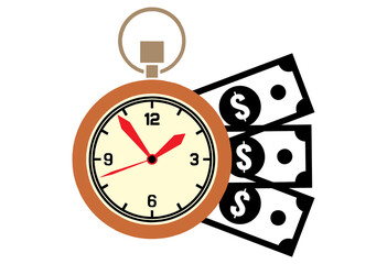 Time is money. Clock and UD dollar notes illustration in minimal style.