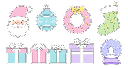 Cute Pastel Christmas Icons Santa, Ornaments, Gifts, and Snow Globe