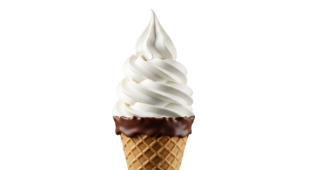 Delicious vanilla soft serve ice cream cone with chocolate coating