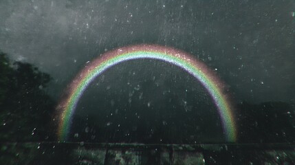 Naklejka premium Nature's contrast a brilliant rainbow amidst stormy skies captured landscape serene environment dramatic viewpoint