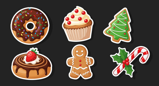 A delightful assortment of festive holiday treats including donuts, cupcakes, gingerbread, and candy canes on a dark background