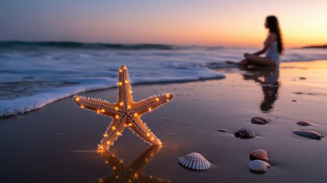 Seastar Meditation at Sunset: An illuminated seastar radiates on the wet beach as a person meditates in the distance. The warm glow of the setting sun adds to the serene atmosphere.