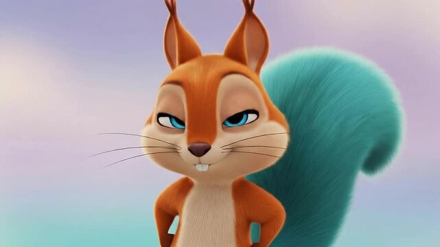 Charming 3D rendered illustration of a female squirrel with a mischievous smirk and a vibrant blue fluffy tail