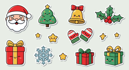 Cute Christmas Kawaii Stickers Santa, Tree, Gifts, Snowflakes, Holly, and Bells