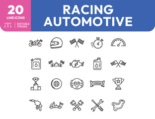 Racing Automotive Line Icons Motorbike Helmet Flags Stopwatch Speedometer and More