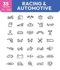 Racing and Automotive Line Icons Motorbike Helmet Flags Stopwatch and Speedometer