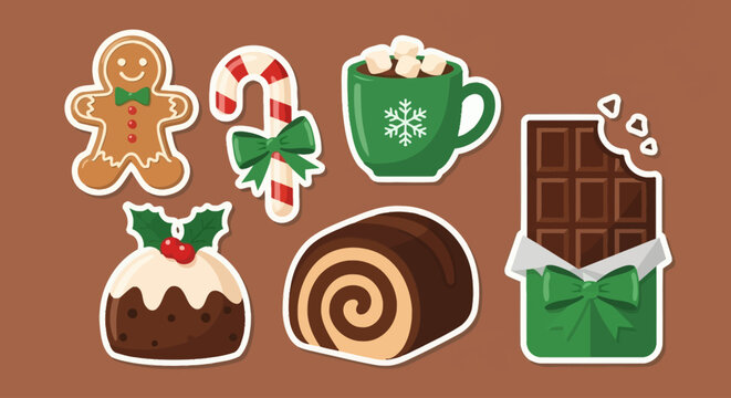 A collection of festive holiday treats including gingerbread man, candy cane, hot chocolate, Christmas pudding, and chocolate roll