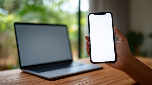 Mobile device interaction home office technology showcase modern environment close-up perspective digital connectivity