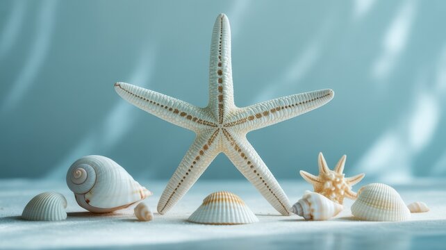 Coastal Treasures: A detailed close-up of various seashells arranged, featuring a prominent starfish, each shell whispering tales of oceanic voyages and the gentle caress of waves.
