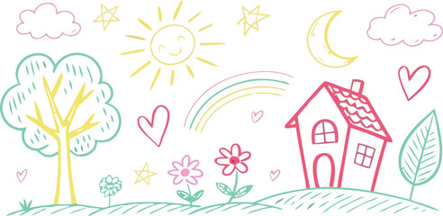 Fototapeta premium A whimsical drawing of a child's play scene with a smiling sun, a house, rainbow, trees, and flowers, set against a green, scribbled landscape