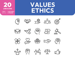 Values and Ethics A Collection of Twenty Line Icons Representing Core Principles
