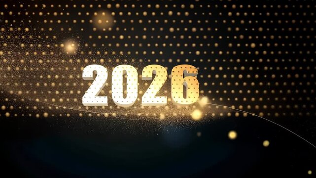 Bold 2026 text displayed against a shimmering dark background with golden dots and flowing lines. Online greeting card for New Year and Christmas. Cyberspace New Year's 2026