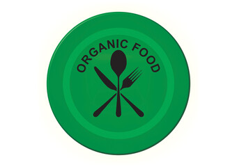 Organic food stamp, safety assurance for a secure nutritious lifestyle. Spoon, fork and knife symbol.