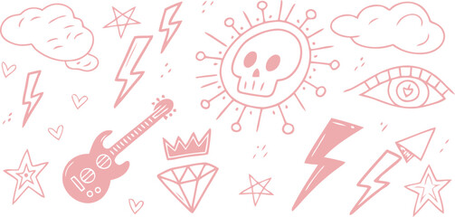 Pink Doodles of Rock Music Symbols, a Diamond, a Crown, and a Skull with Stars and Clouds