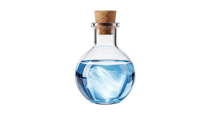 Clear Glass Round Bottom Flask Containing Blue Liquid With Glowing White Energy Element Cork Stopper Transparent Background