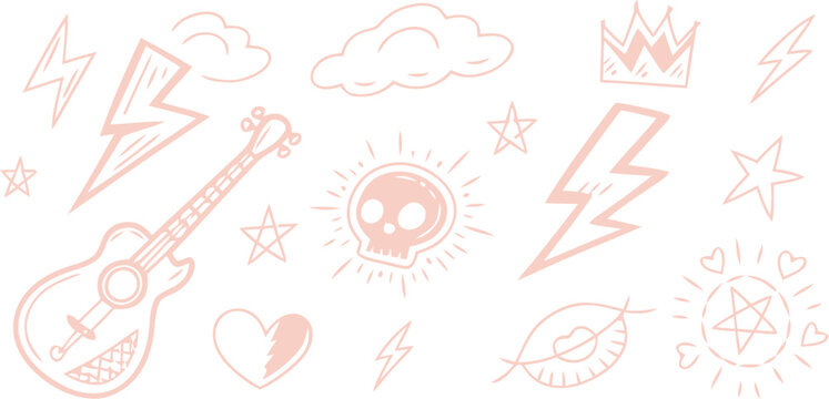 A creative collection of hand-drawn rock and roll icons. Sketchy punk music symbols like guitars, skulls, lightning bolts, and stars on a white background