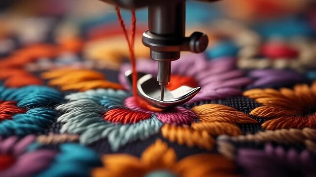 Close-up of a sewing machine needle embroidering colorful floral patterns on dark fabric with red thread.