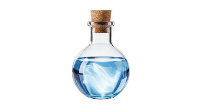Clear Glass Round Bottom Flask Containing Blue Liquid With Glowing White Energy Element Cork Stopper Transparent Background