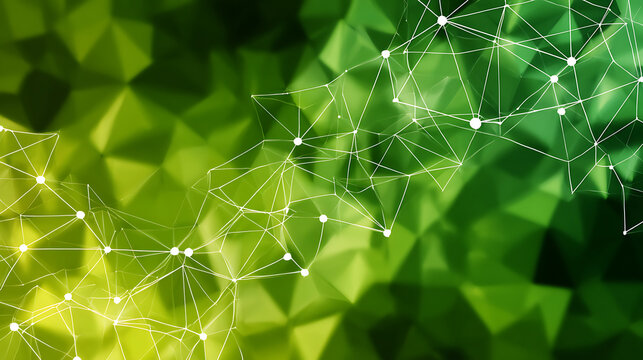 Interconnected nodes forming network patterns against a vibrant green geometric background abstract