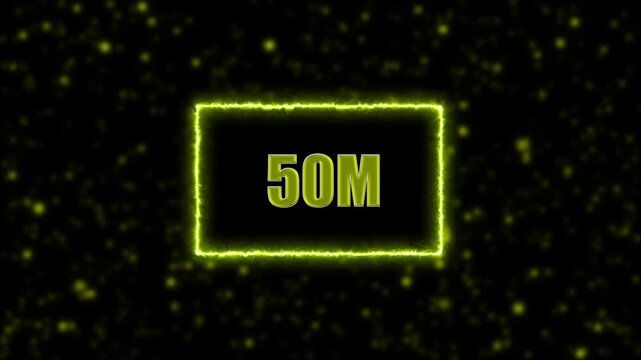 Neon 50M text animation on blur background. Neon glowing 50M 'followers' animation with neon border.